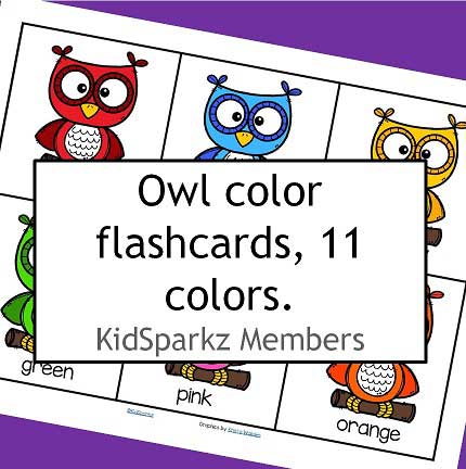 Owls color flashcards, 11 colors. Plus color words in color and black.