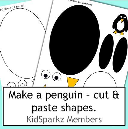 Penguin 2-D shapes cut and paste activity, in color and b/w