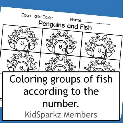 Color and count sets of fish according to the number worksheet.