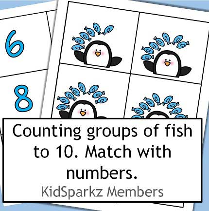 Penguins juggling fish counting 0-10.  Match with numerals. 