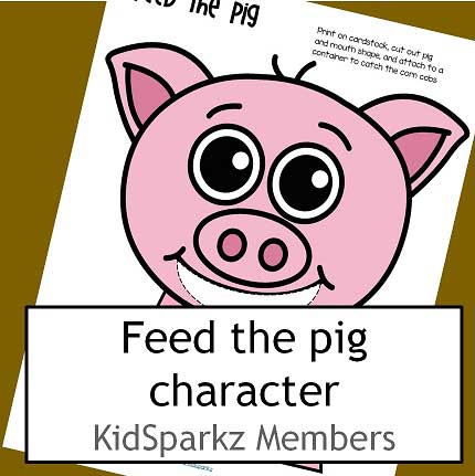 Feed the pig activity. Children feed corn to the pig - numbers, letters, colors, shapes