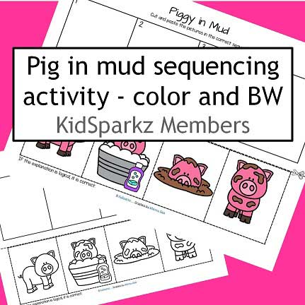 Piggy in mud sequencing cut and paste activity, in color and b/w. 