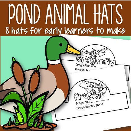 8 hats to make featuring animals that usually live in a pond habitat.