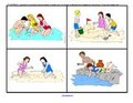 Set of 12 discussion cards picturing different situations that might occur at the beach. 