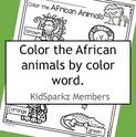 African animals color words recognition printable - color the animals according to the color name. 