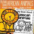 Set of 12 activity pages about African animals. Hippopotamus, elephant, lion, ostrich, gorilla, zebra, giraffe, rhinoceros, crocodile, cheetah and flamingo.