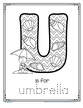 U is for umbrella (beach) alphabet trace and color printable