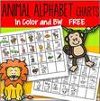 Full page chart of alphabet letters featuring various animals, in both color and b/w. 