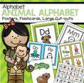 Set of alphabet posters, flash cards, game cards and coloring pages with an animals theme. 108 pages. 