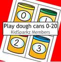 Numbers 0-20 on play dough containers. Match with number words to twenty on chunks of play dough.