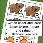 Grizzly bears and salmon alphabet, match upper and lower case letters.