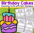 Birthday cakes counting to 15 with dot markers center. 