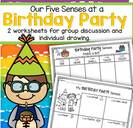 5 senses at a birthday party - group discussion and individual drawing printables. 