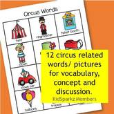 12 circus related words/ pictures for vocabulary, concept and discussion. 