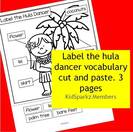 Label the hula dancer vocabulary cut and paste. 