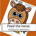 Feed the horse activity. Children feed carrots to the horse - numbers, letters, colors, shapes