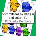 Mittens attributes sorting cards, by size and color.
