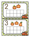 Fill the pumpkins themed 10-frames with manipulatives such as pom poms, counters or playdough. Recognize numbers and count sets 0-10.