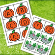 Pumpkins alphabet cards, with nibbling mice. Instructions for game included.