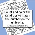 Count and color the number of raindrops shown by the number on the umbrella. Worksheet. 