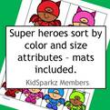 Superheroes costumes attributes sorting cards, by size and color.