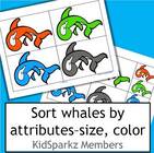 Whales attributes sorting cards, by size and color. 