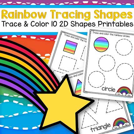 Trace and color 10 shapes, rainbow theme. 10 pages. MEMBERS
