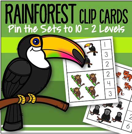 Clip a clothespin on the number that describes the rainforest animals set. 0-10.