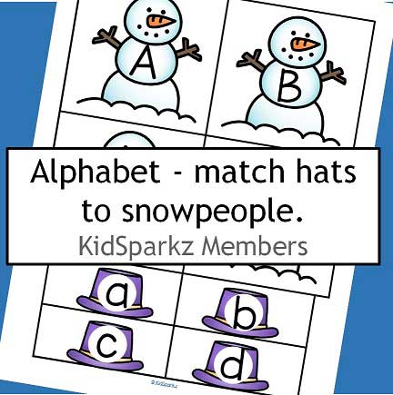 Snowman and hat upper and lower case letter matching center. Full alphabet. 