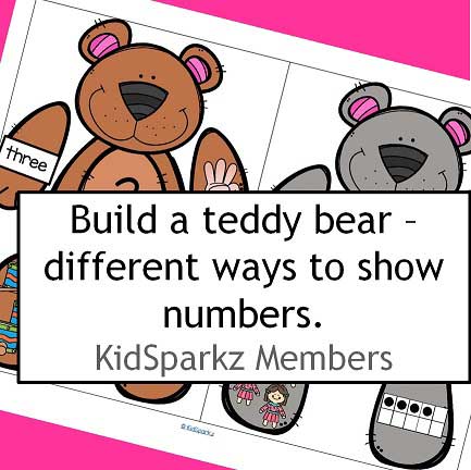 Build a teddy bear - numbers 1-10. Center or cut and paste. Numeral, number word, 10-frame, fingers, item group.