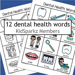 12 dental health vocabulary words.