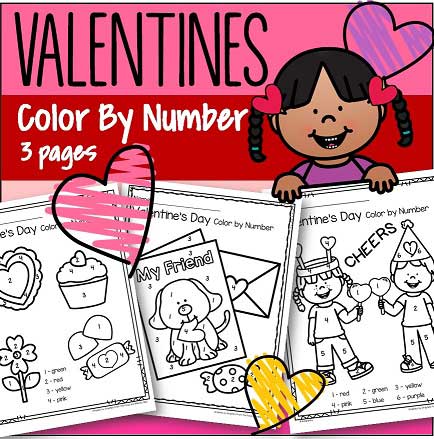 ​3 Valentine's Day  color by number printables. 
