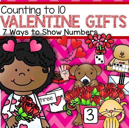 Counting Valentine's Day gifts with 7 different ways to show numbers onto numbered mats.