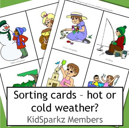Weather theme categorizing: Do you think we might do this in hot weather, or cold weather? 12 cards to discuss and categorize.  Members