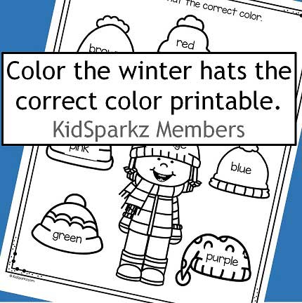 Color words - color the winter hats the correct colors.